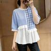 Women Casual Round Neck Half Sleeve Splice Grid Print Blouse