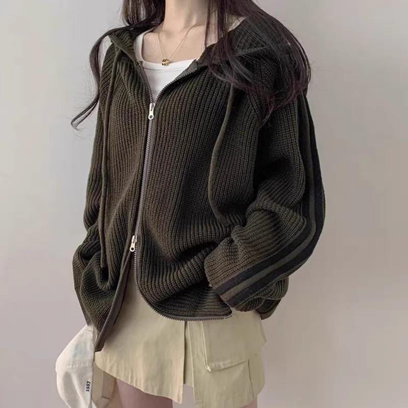 Korean Zipper Stripe Knitted Cardigan Women's Autumn Winter Oversized Y2k Outer Wear Lazy Wind Lapel Hooded Sweater Jacket Coats