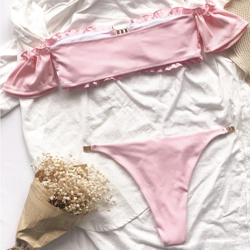 Costume da bagno da donna in pizzo tinta unita manica corta bikini sexy catena perizoma costumi da bagno brasiliani da spiaggia