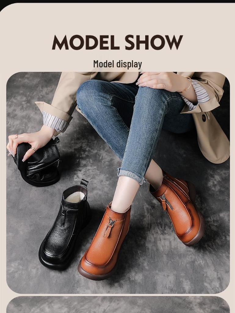 Zimowe damskie skórzane botki Martin na średnim obcasie z wełnianą podszewką - ciepłe buty dla mamy na masywnym obcasie