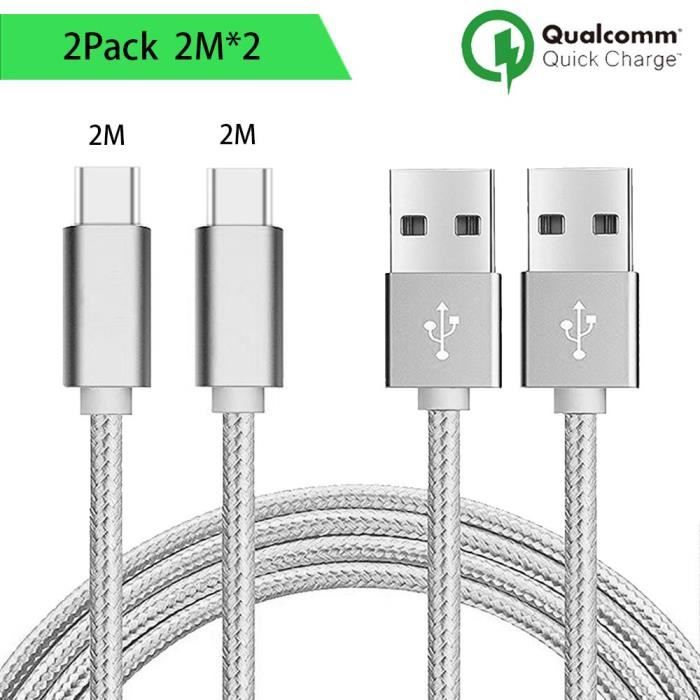 Câble USB Type C - Samsung - Galaxy S8 S8Plus S9 S9Plus S10 - 2M - Nylon Argenté - Résistant