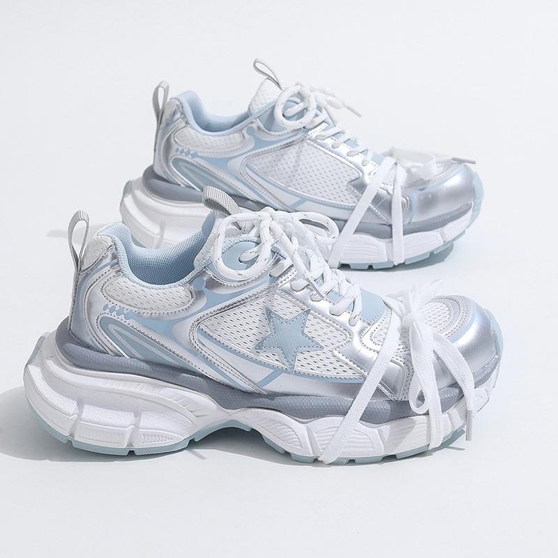 Leather Dad Shoes Women's Summer New Color Matching Thin Mesh Breathable Thick Sole Star Casual Sports Shoes Tide