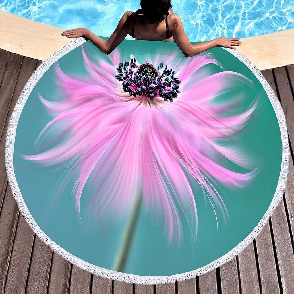 Flower Round Beach Towel,Microfiber Quick Dry Beach Blanket,Soft Absorbent Sand Proof Circle Swim Pool Towel Portable Picnic Mat