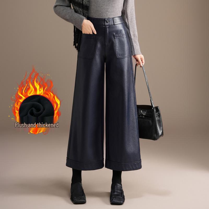 Pantalones de Cuero de Pierna Ancha Talla Grande de Cintura Alta para Mujer - Diseño Casual Recto de Terciopelo Corto Otoño/Invierno
