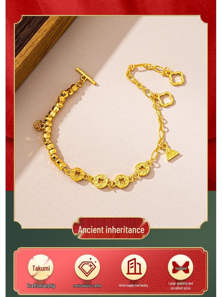 Bracelet Pièce Ancienne Élégant pour Femmes – Or Sable Vietnamien Rétro avec Perles Brillantes et Rétention de Couleur Longue Durée.