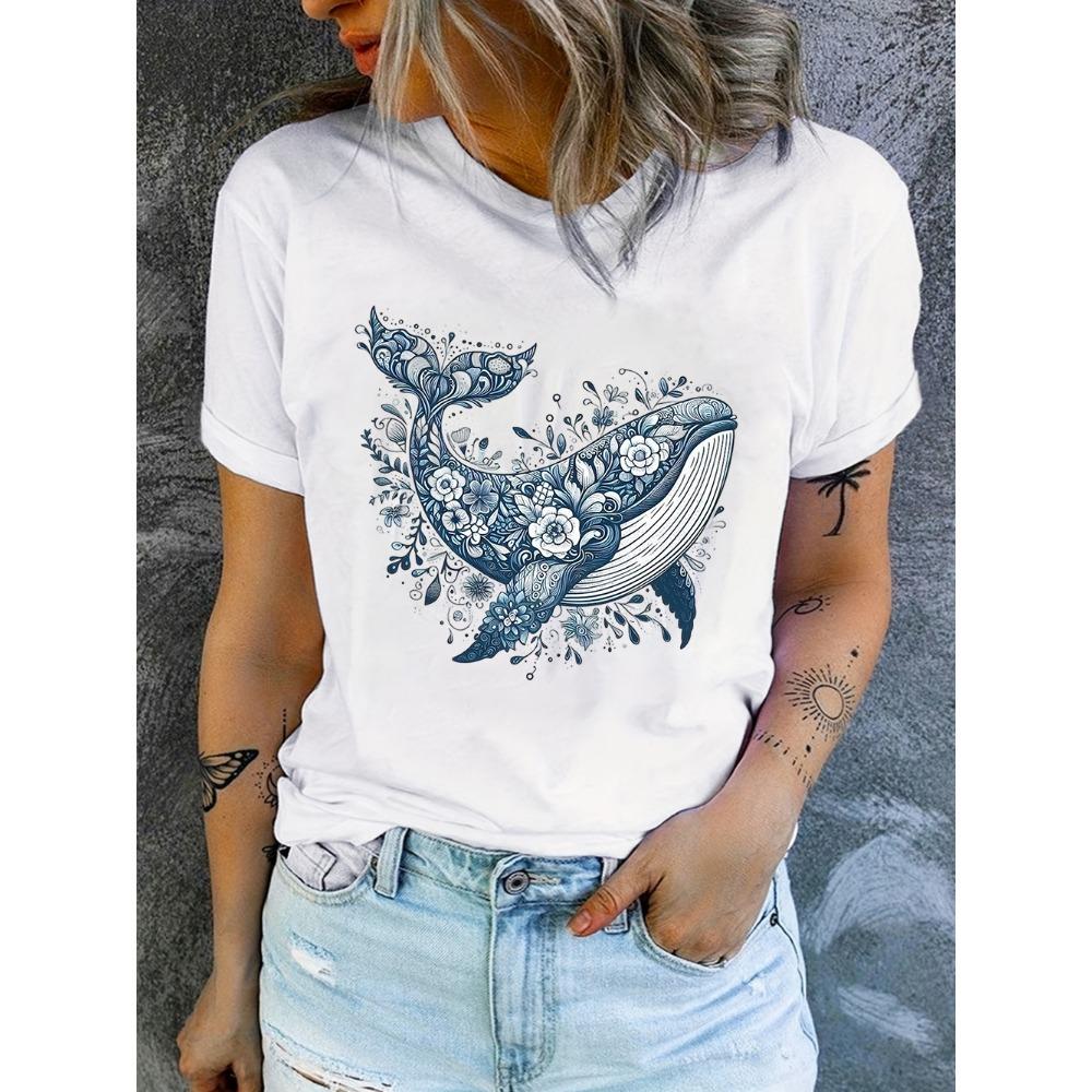Watercolor Flower Whale Print Women Casual T-Shirt Blue Ocean Animal Graphic Short Sleeve Tee for Daily Use