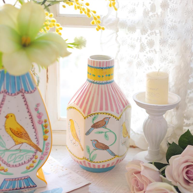 Nightingale and Rose Ceramic Vase: High-End Pastoral Flowers & Birds Ornament for Living Room