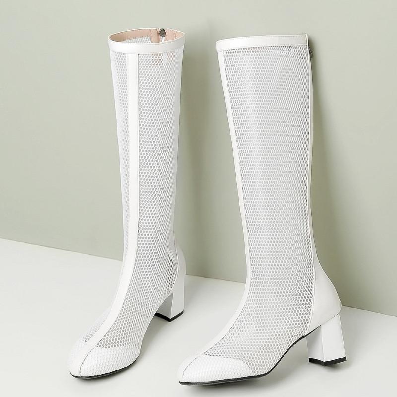 Modische hohe Stiefel für Damen 2026 Frühling Sommer Kniehohe Stiefel Schwarz Weiß Spitze Party Schuhe Damen Stiefel Große Größe 45