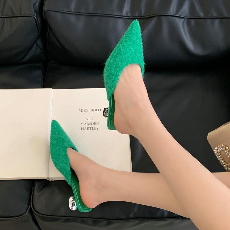 

High-heeled sandals high-end fashion nude versatile pointed head half-drag high-heeled bag head outer slippers 35 зелений
