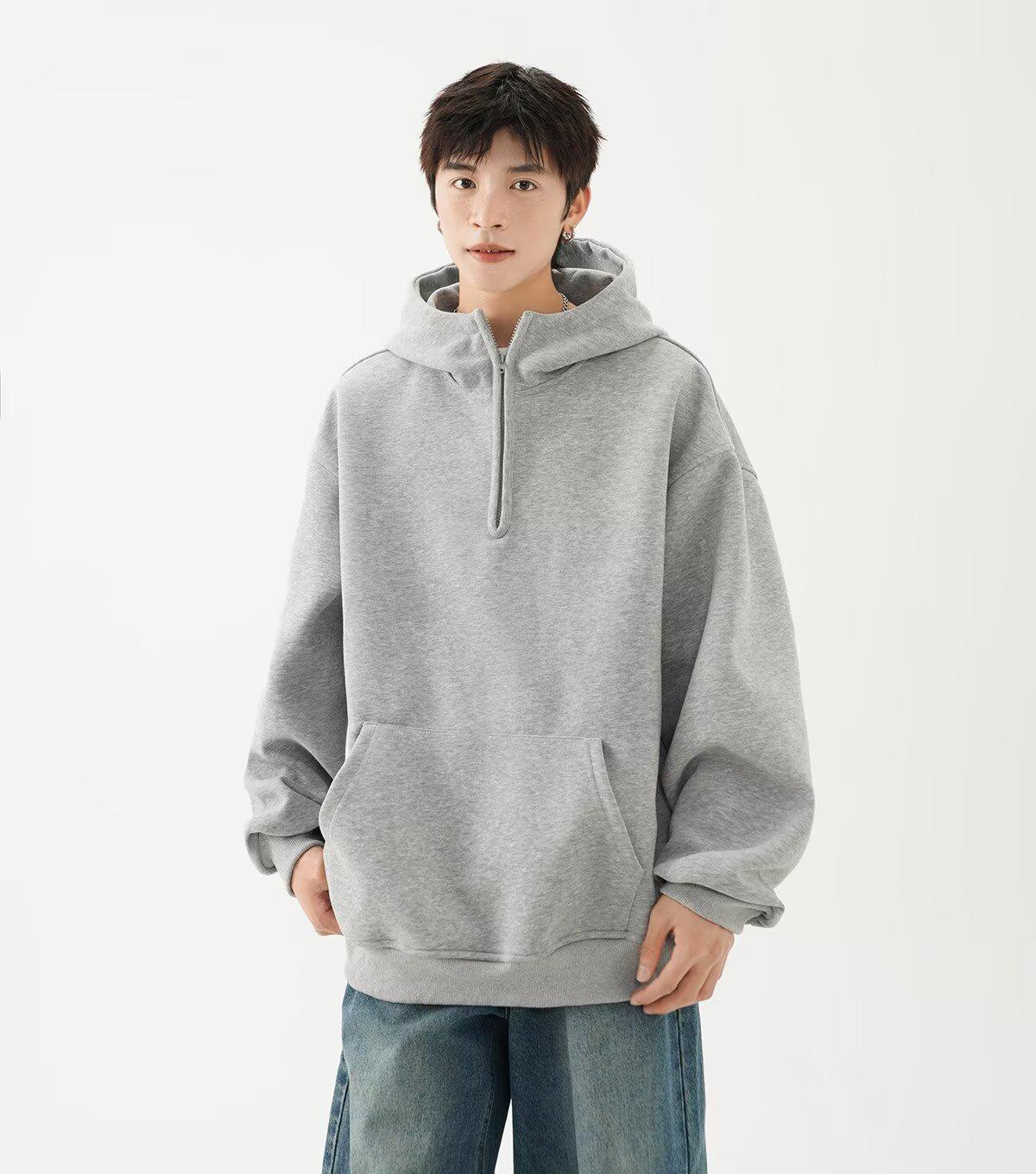 Men s Autumn/Winter Trendy Loose Fit Plus Velvet Heavyweight Half-Zip Hoodie 3XL