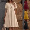 Women's Fashion Summer Spring Solid Color Print O-Neck High Waist Casual Dresses