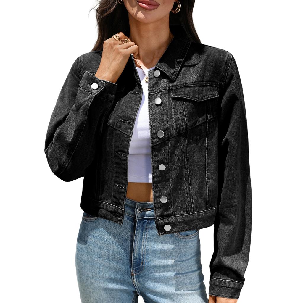 Women's Cropped Denim Jacket Long Sleeve Single Breasted Lapel Collar Casual Coat