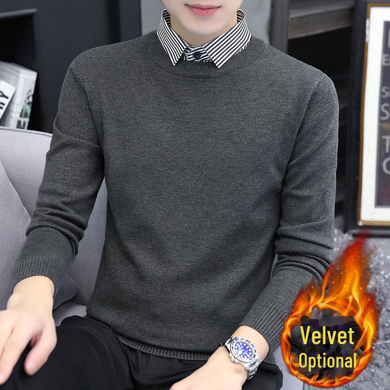 

2024 Мужской зимний утолщенный вязаный свитер с имитацией воротника из двух частей, повседневная верхняя одежда облегающего кроя M (45-55 kg)