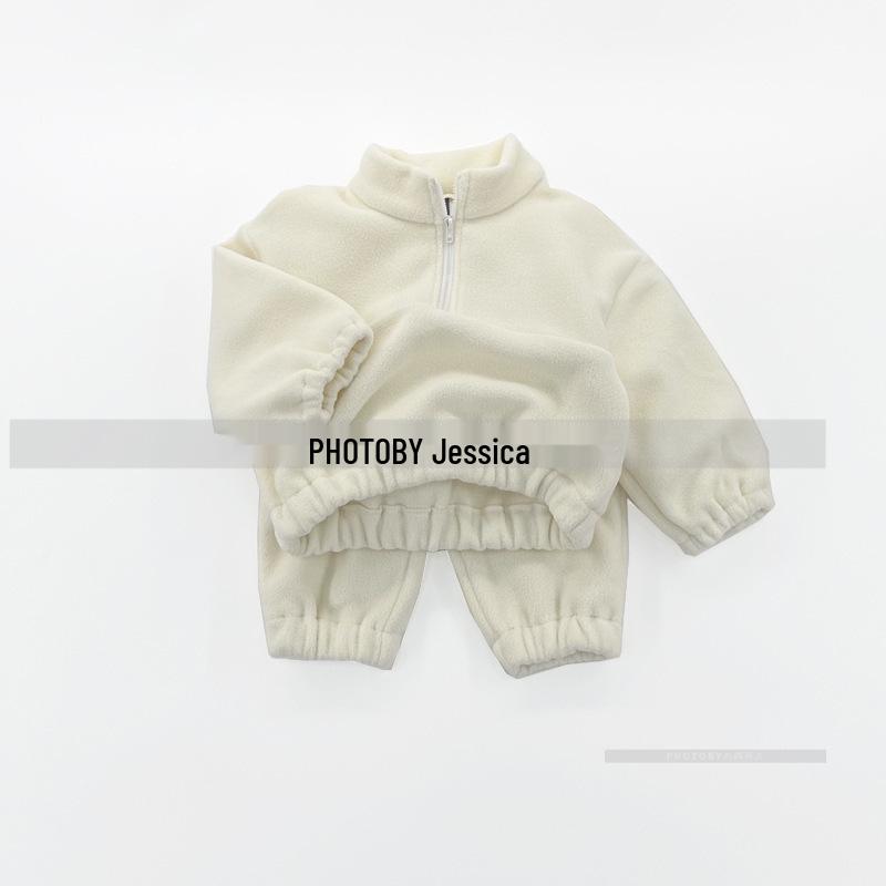 Korean Style Winter Fleece Set: High Neck Half-Zip Top & Joggers for Boys and Girls