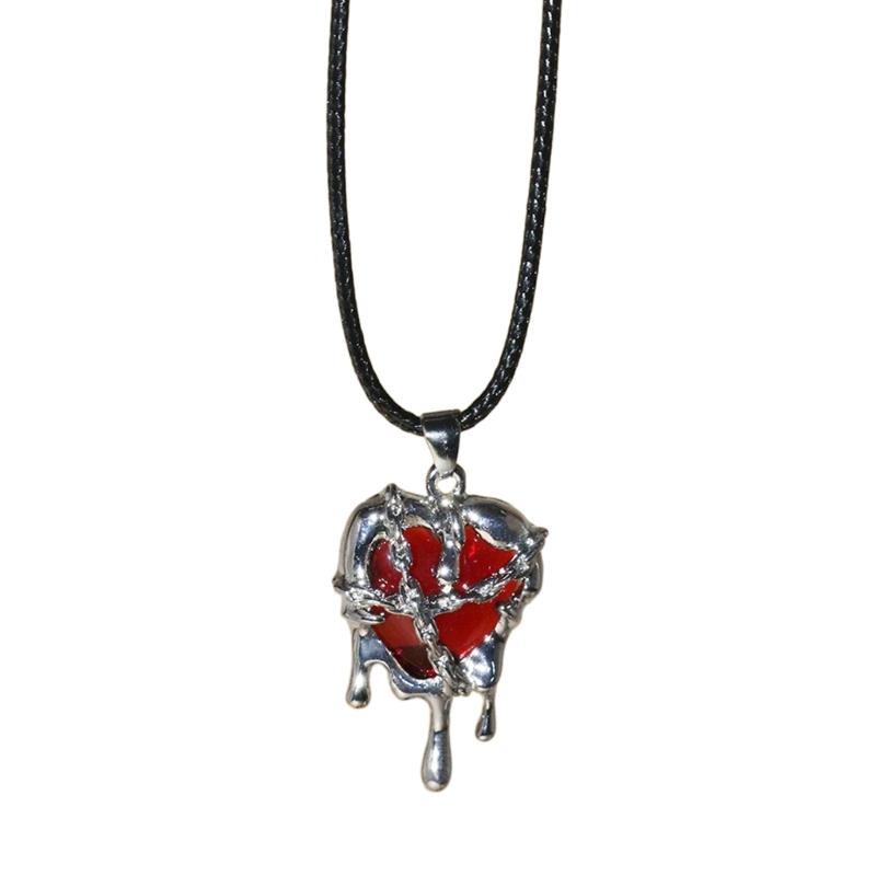 Punk Vintage Irregular Crystal Heart Necklace for Women Men Leather Rope Collarbone Chain Halloween Jewelry Accessories