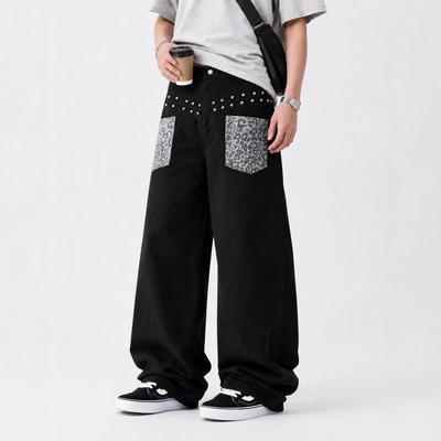 American Retro Leopard Print Splicing Jeans Men's and Women's Spring and Autumn New Willow Nails High Street Loose Wide-leg Scimitar Trousers Tide
