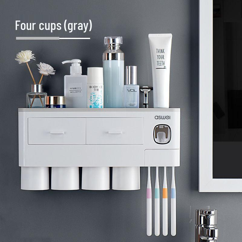 Drawer-Style Wall-Mounted Toothbrush Holder Set with Magnetic Suction Mouthwash Cup