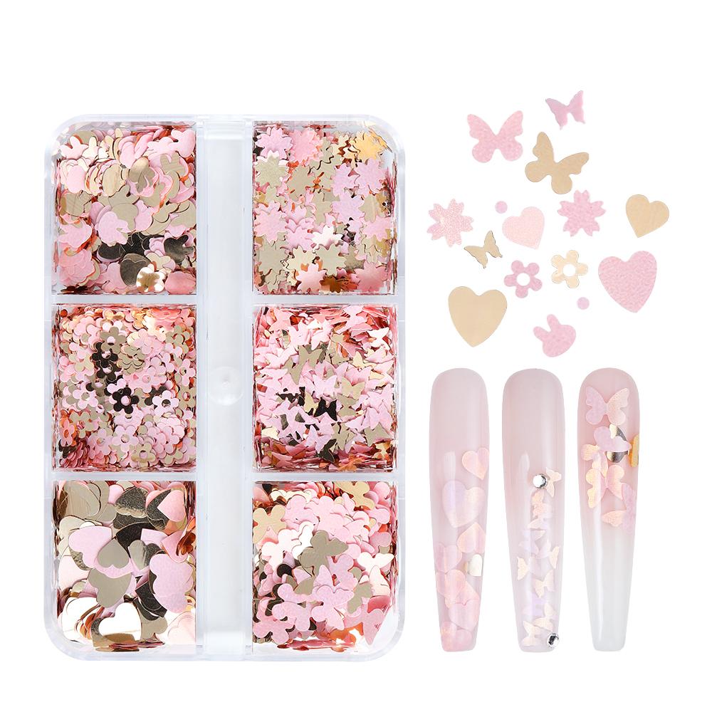 

6 сеток смешанной формы, блестки для дизайна ногтей, декоративные розовые цветы, бабочки, чешуйки любви, аксессуары для летнего маникюра