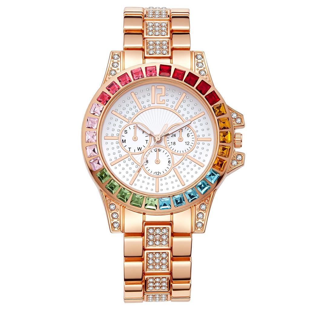 Watch Women'S Fashion Large Dial Colored Diamond Decoration Three-Eye Decoration Women'S Watch