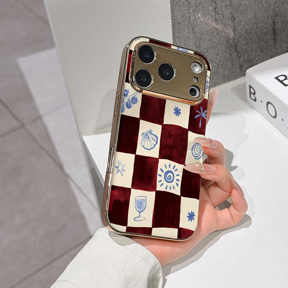 Lucky Start Phone Case For iPhone 17 16 15 14 13 12 11 Pro Max 16E Gold Electroplated Glass Shell Burgundy & Blue Check Cover