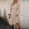 Women's Fashion Autumn Solid Color Print Long Sleeve O-Neck Middle Waistline Casual Dresses
