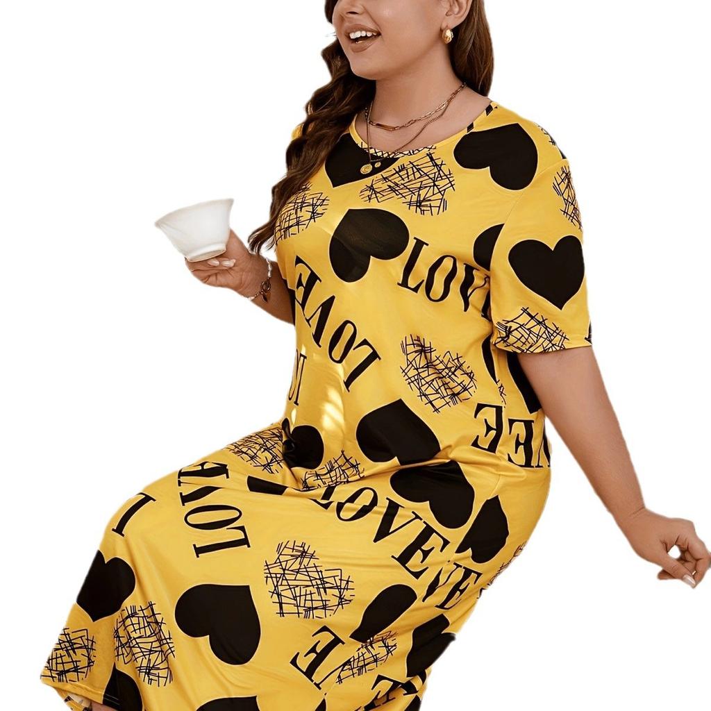 Large size nightdress yellow love print milk silk fresh and fresh home style fat MM loose short-sleeved nightdress