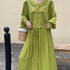 Vintage Long Sleeve Green Robe  Autumn New O Neck Embroidery Party Dresses Waist Drawstring Design Straight Clothing