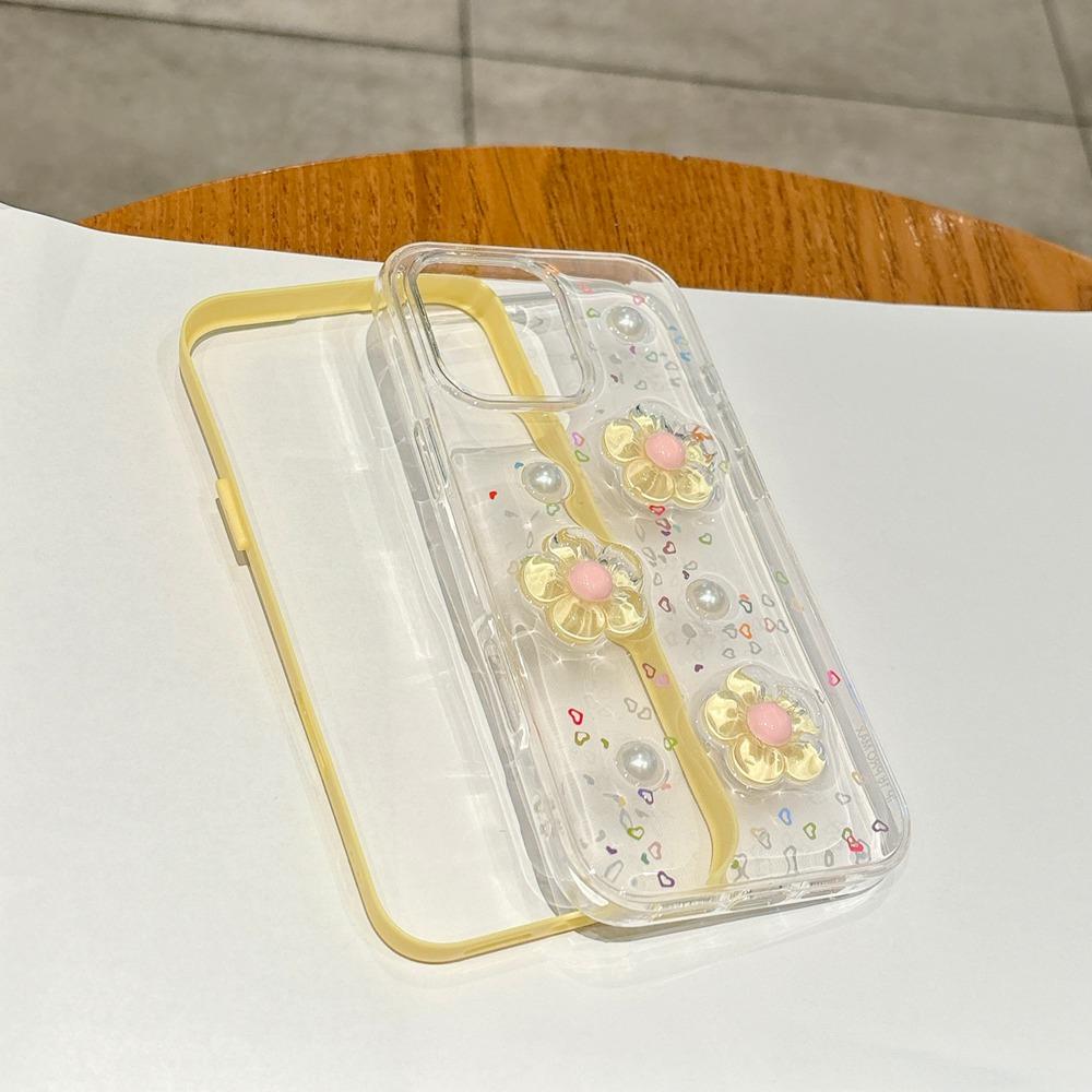 INS Korea 3D Flower 2 IN 1 Transparent Phone Case For iPhone 17 16 12 13 14 15 Pro Max Shockproof Frame Clear Soft Cover