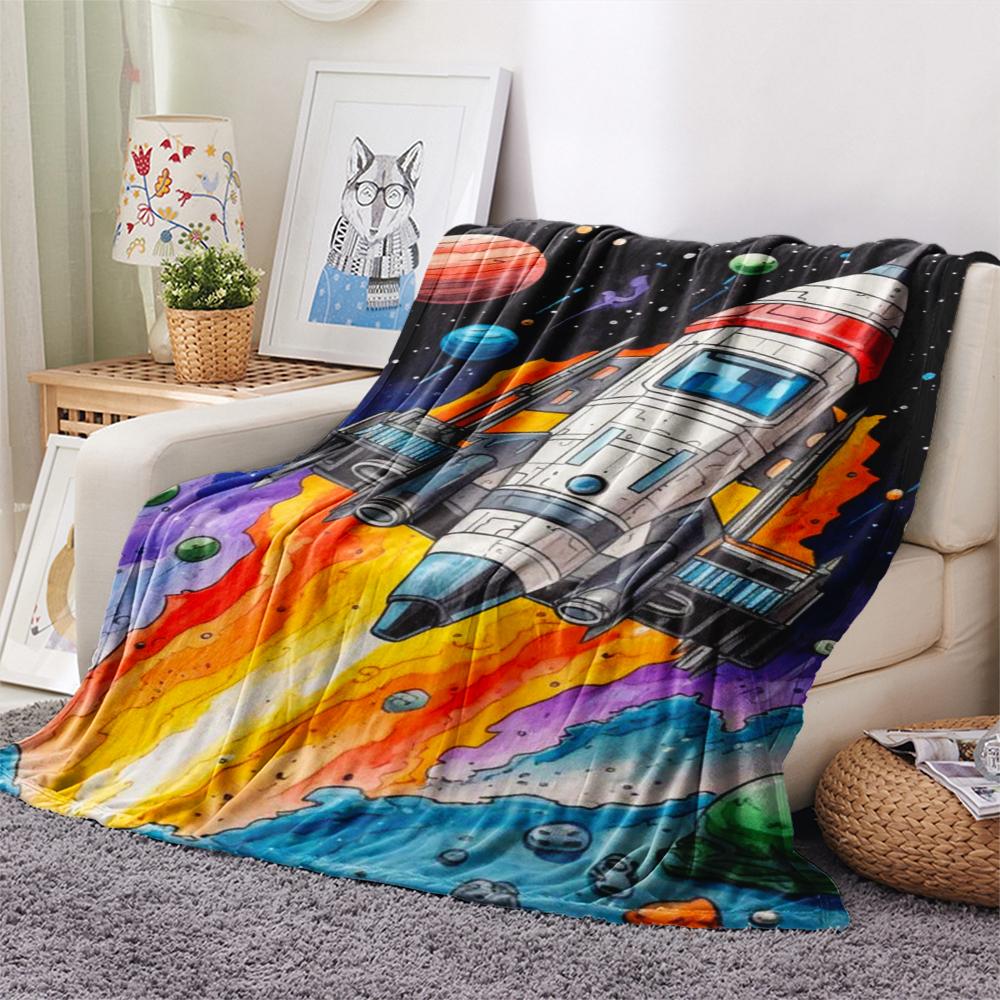 1Pc Space Rocket Print Flannel Blanket, High quality Comfortable for All Seasons, Home Decor, Warmth and Comfort, Perfect for Christmas Gifts