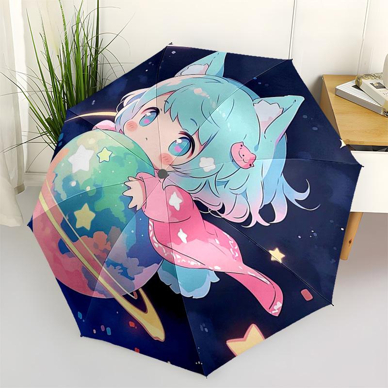 

1pc Chibi Cat Girl Automatic Opening/Closing Umbrella with Pink Star Design - Portable Tri-Fold Design, 8-Rib Iron Frame Outdoor Umbrella for Fan