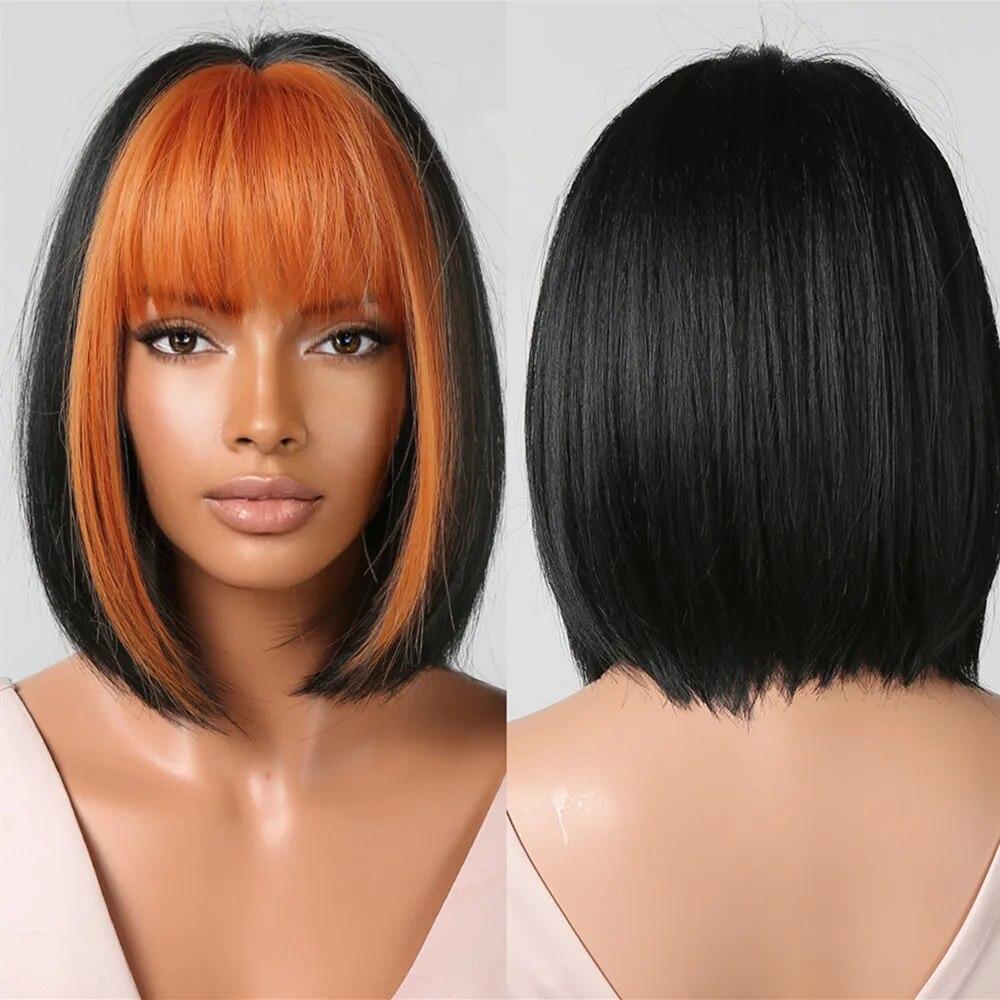 Short Orange Straight Bob Hair Synthetic Wigs with Bangs Orange Colorful Cosplay Party Wig for Women Heat Resistant Fiber Daily