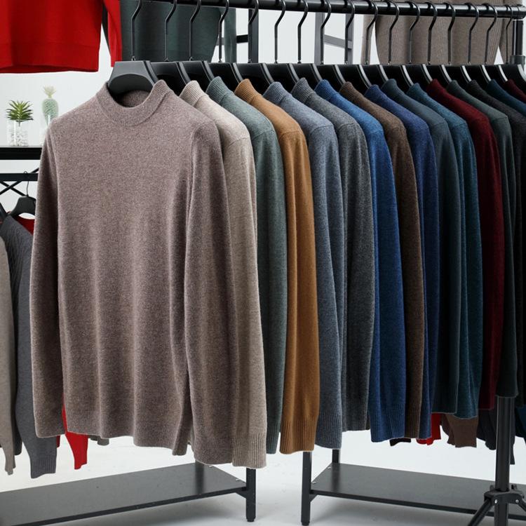 2024 Men's Pure Wool Half-High Neck Sweater, Autumn Winter Knitwear, High-End Casual Base Layer