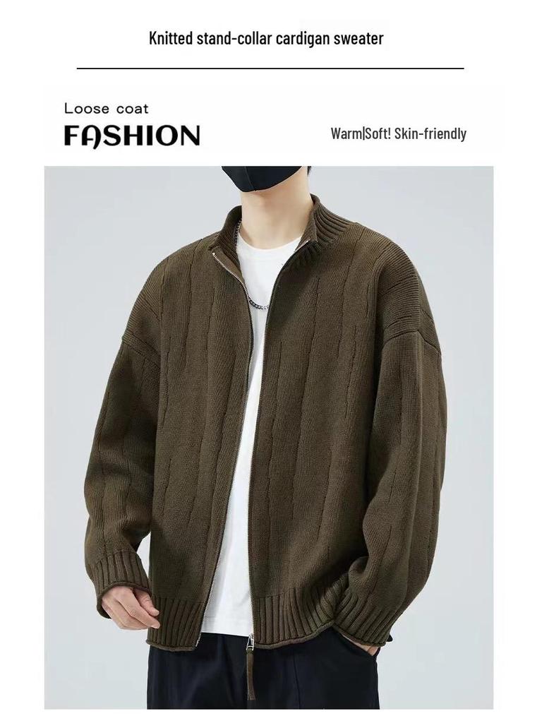 Men's Loose Fit Japanese Style Stand Collar Zipper Cardigan Sweater - Autumn & Winter Woolen Knitwear for Couples