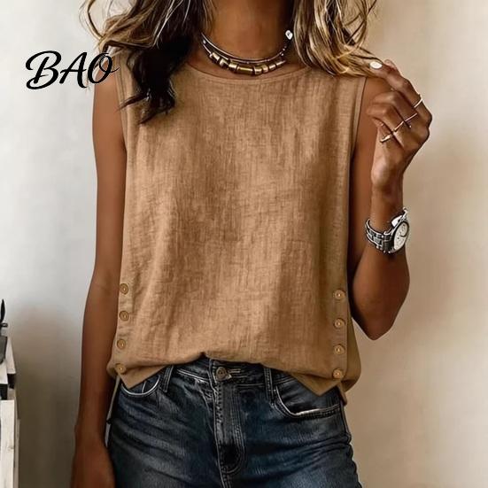 Soft Blouse Summer Tops for Women, Round Neck Sleeveless Pullover Tops, Pure Color Stretchy Breathable Regular Fit Vest Work Party Vacation