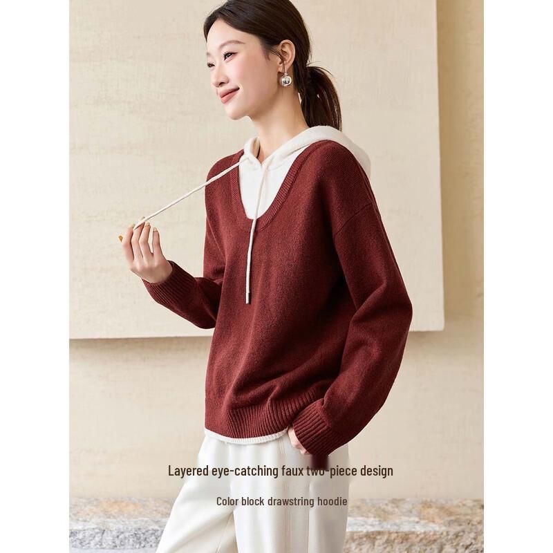 Women's 2025 Winter Wool Blend Hooded Color Block Sweater