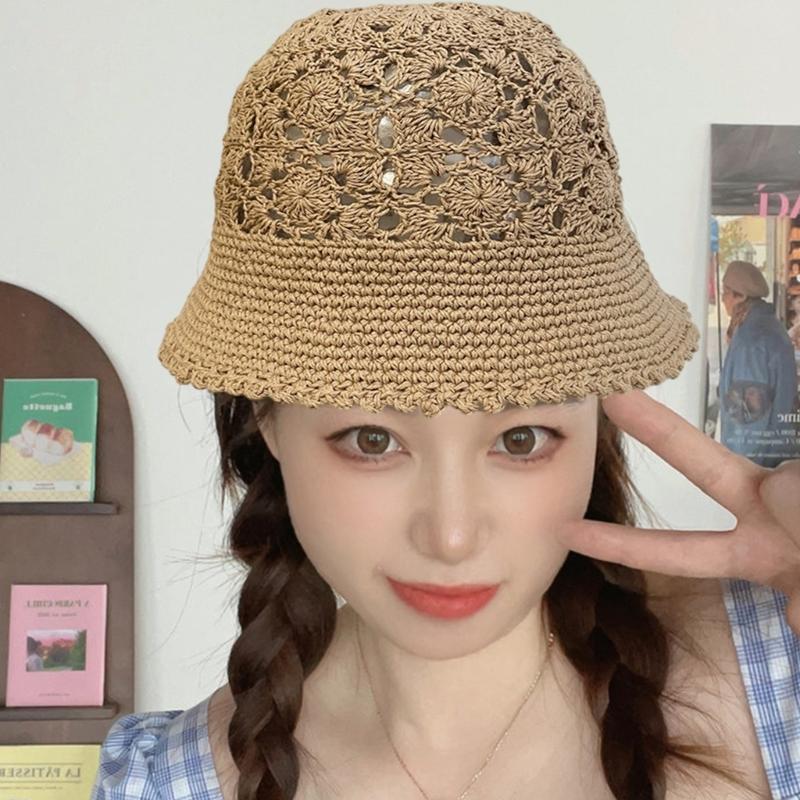 Crochet Floral Bucket Hat for Woman Teenagers Outdoor Foldable Commute Fisherman Hat Wide Brim Summer Sunproof Hat