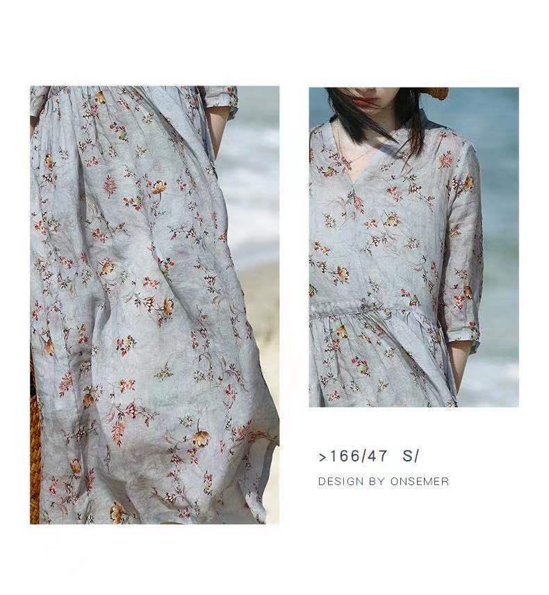 2026 Summer Cotton Linen V-Neck Waist-Cinching Printed Dress - Fashionable Casual Short-Sleeve Skirt for Women