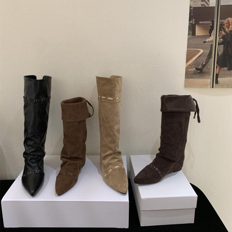 Inner Heightening Pointed Suede Pile Boots Women's Boots 2025 Autumn and Winter Western Cowboy Medium Tube Thin Boots
