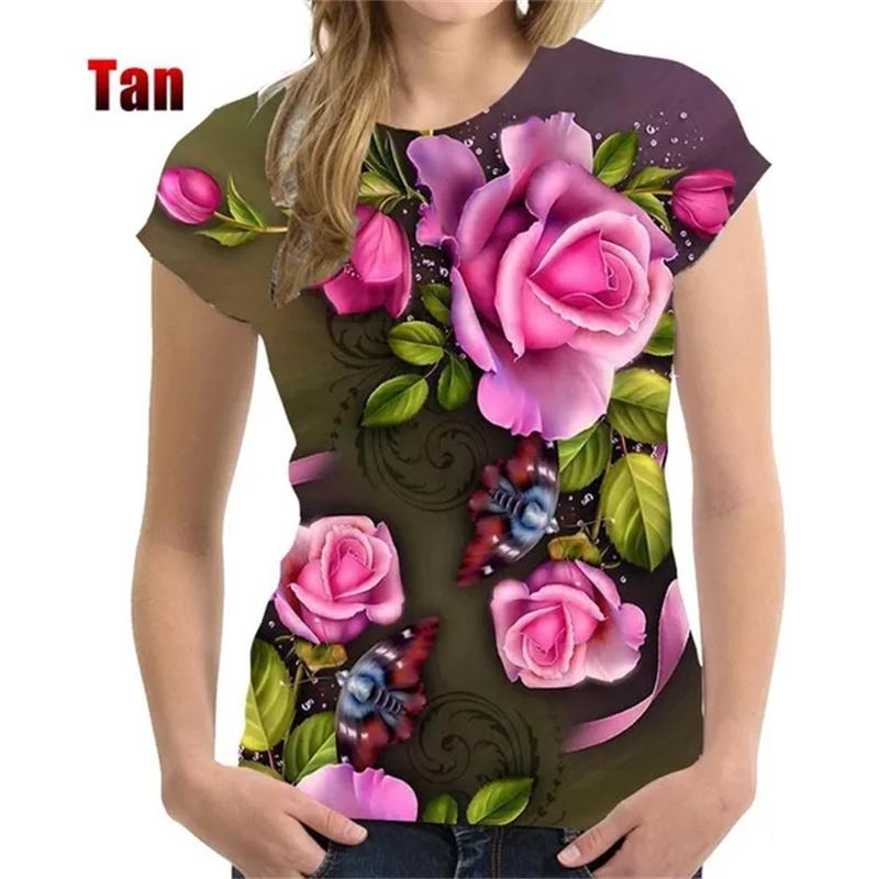 Rose T-shirt Women's 3D Flower Printed T-shirt Harajuku Fashion Street T-shirt Women's Clothing Short Sleeve