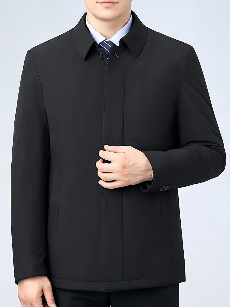 Hochwertige, einfarbige, lässige Herbst-/Winterjacke für Herren, nicht dehnbarer Polyesterstoff, normale Passform, mit dickem Futter und gewebtem Reverskragen