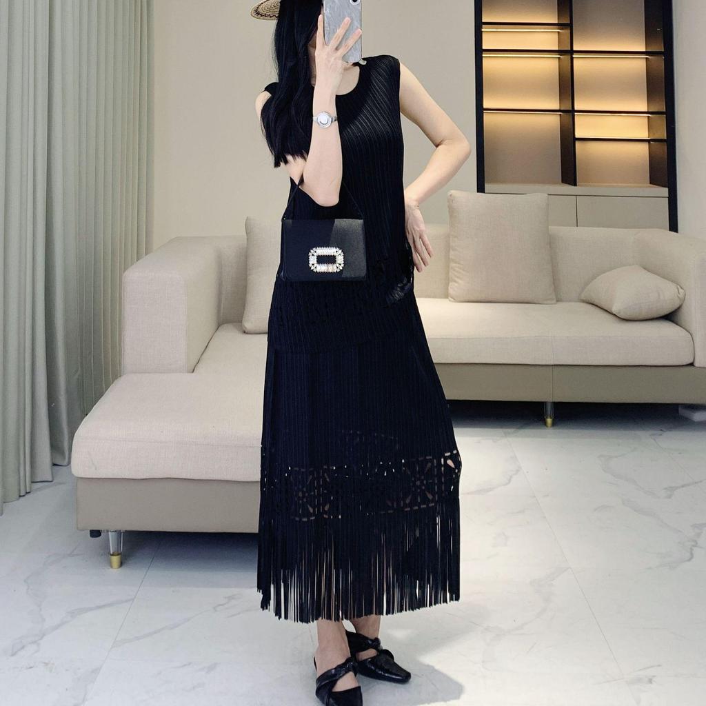2025 Spring/Summer Women's Pleated Tassel Tank Top & Midi Skirt Two-Piece Set