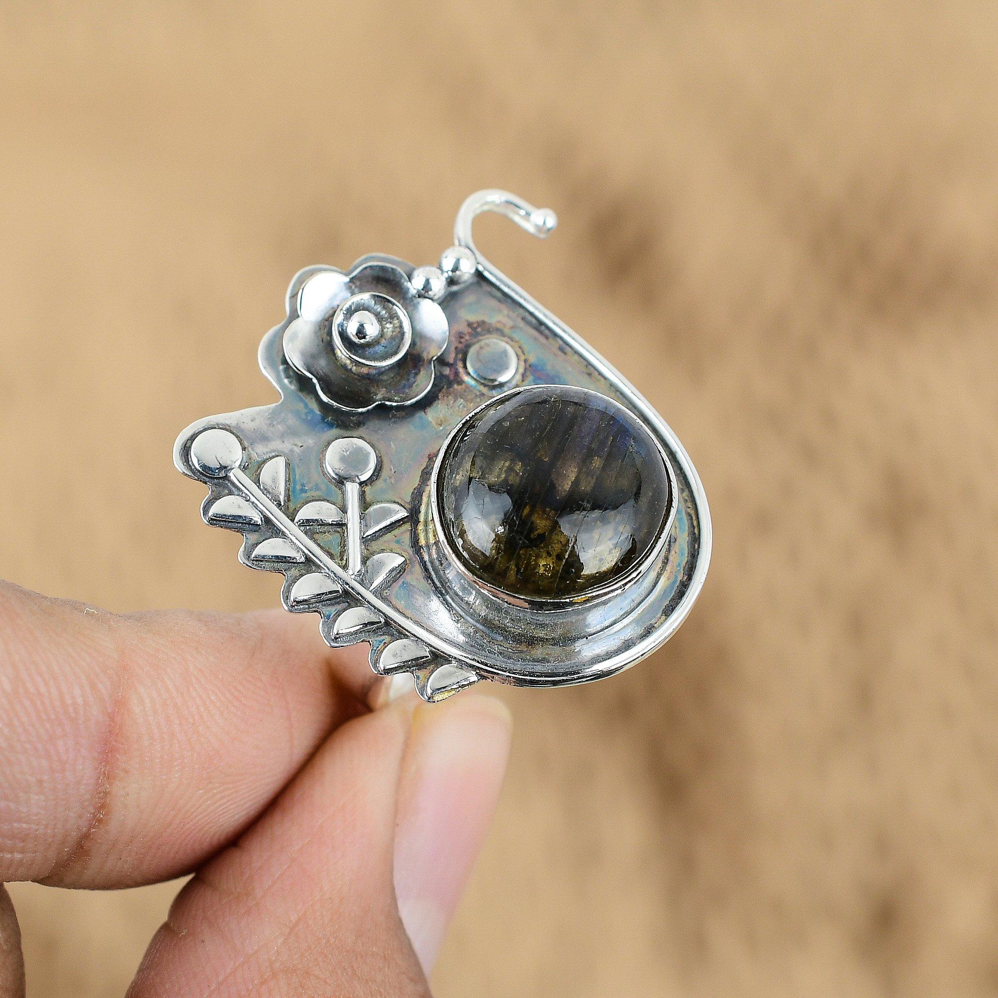 

Natural Labradorite Gemstone Promise Flower Adjustable Ring 925 Sterling Silver Yes