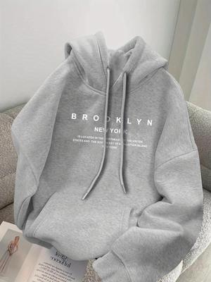 Men's Autumn and Winter Fashionable Casual Loose Brooklyn Graphic Print Fleece Pullover Long Sleeved Hooded Sweatshirt