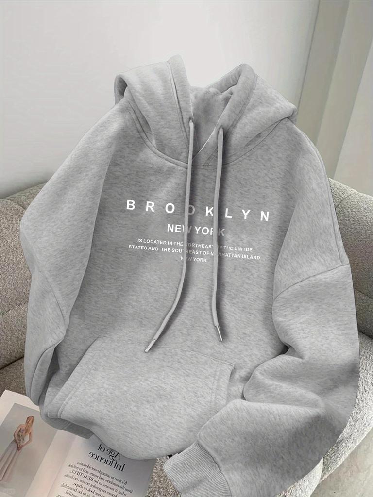 Brooklyn New York Grafisk Hoodie Casual Sweatshirt med Ficka Fram Lös Passform Huvkrage Stil Casual Långärmad Pullover