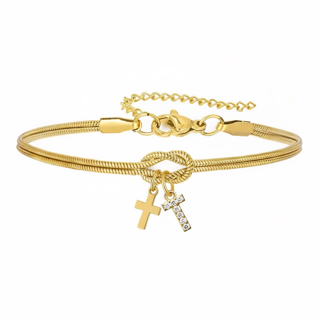 Double Knot Round Snake Bone Bracelet with Diamond 26 Letters Cross Pendant Charm Jewelry