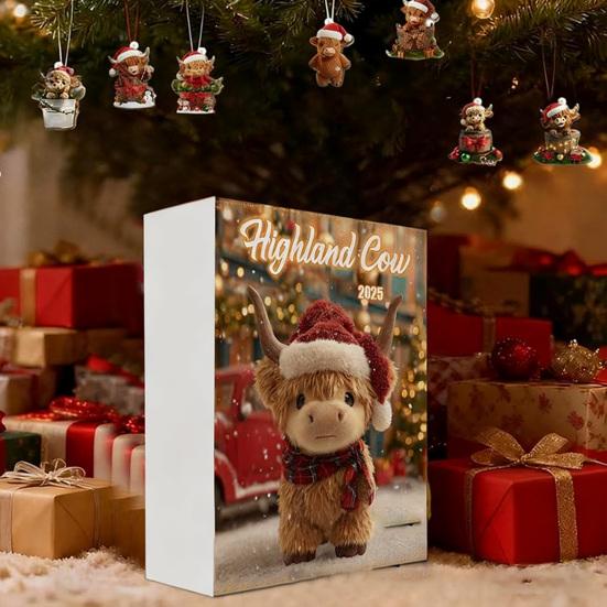 Highlandská kráva Adventní kalendář 2025 24 dní Odpočítávací kalendář do Vánoc s ozdobami Highlandské krávy na vánoční stromeček Domácí dekorace