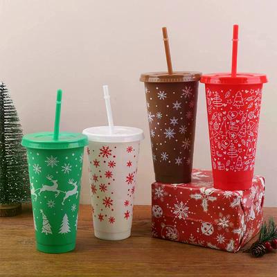 710ML Christmas Coffee Straw Cup Reusable Xmas Tree Snowflake Plastic Cup With Lid New Year 2026 Christmas Party Favors Decor