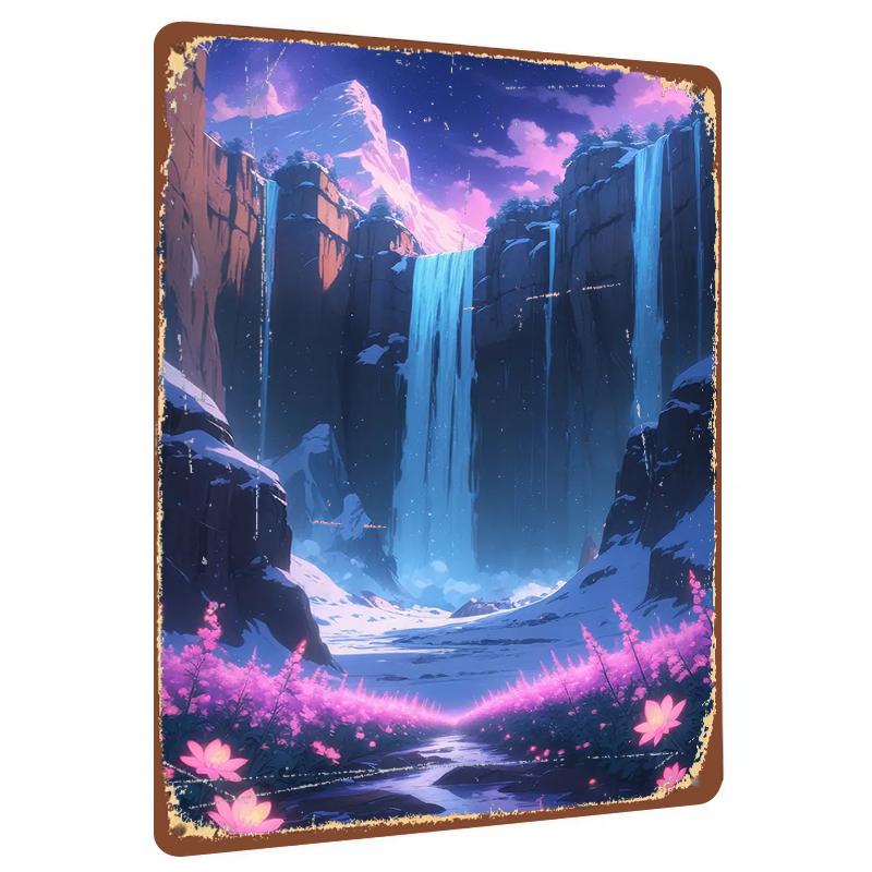 

Dreamy Landscape Waterfall Night Scene Metal Wall Art ModernHome Decor Living Room Hanging Decoration 20x30cm（7.8x11.8inch）