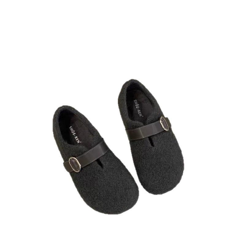 White Spotted Lamb Wool Shoes for Women's Outer Wear 2025 Winter Outer Wear New Velvet Flat Mary Jane Cotton Shoes