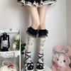 Soft Cotton Knee Length Socks with Ruffle Lace for Women Schoolgirl Elegant Music Note Skull Print Over Calf Socks